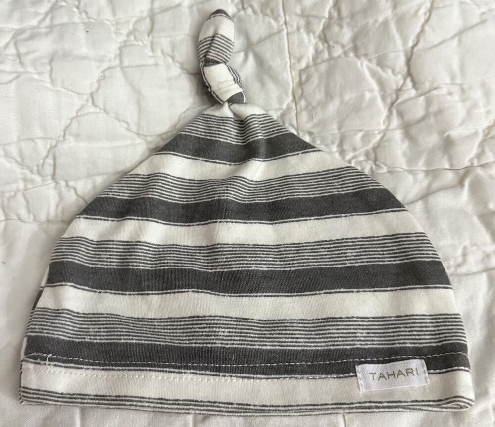 Tahari Baby Beanie, Off-White and Gray Stripes, One Size - Gender Neutral Unisex